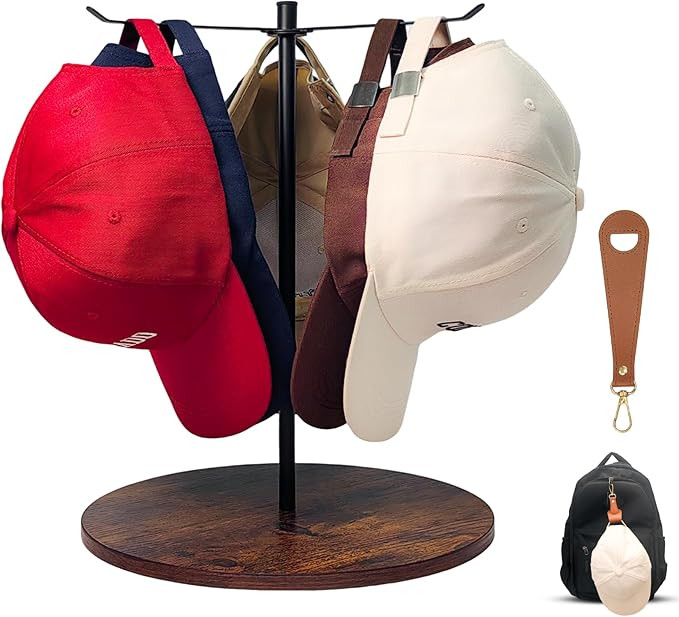 Rotating Baseball Cap Organizer & Travel Hat Clip Bundle, Wooden Hat Organizer for 12 Baseball Ca... | Amazon (US)