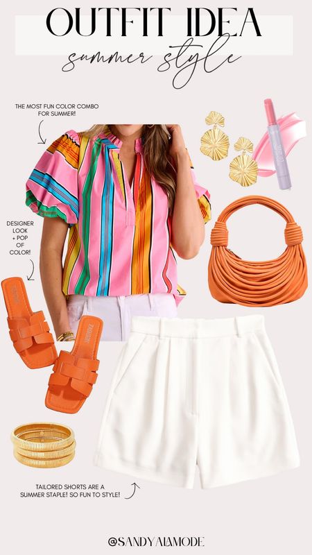 Colorful summer style | elevated casual summer outfit | colorful striped puff sleeve top | white tailored shorts | Amazon finds | Amazon fashion | orange slide sandals | orange shoulder bag 

#LTKSeasonal #LTKFindsUnder100 #LTKStyleTip