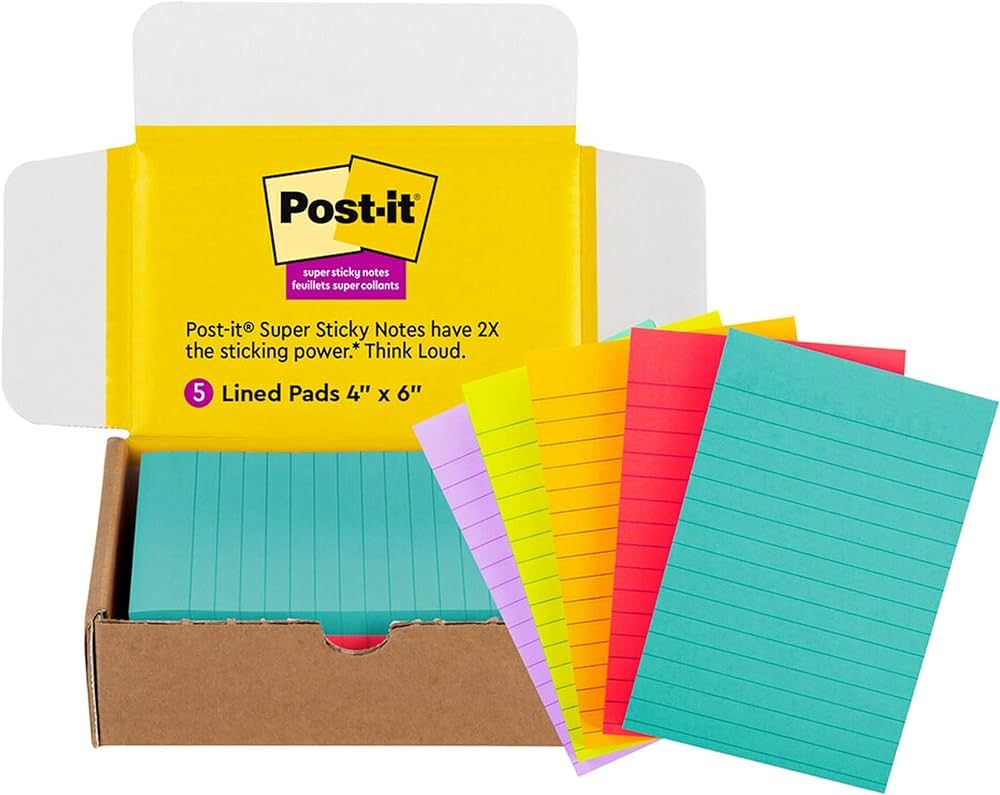 Post-it Super Sticky Lined Notes, 5 Sticky Note Pads, 4 x 6 in., Ideal for Organization in Your D... | Amazon (US)