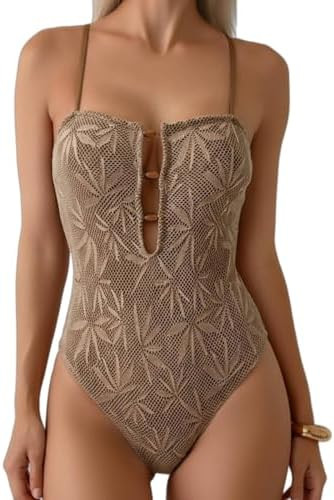 Women' s One Piece Swimsuit Cutout High Cut Bathing Suits with Beaded Boho Ribbed Hollow Out Swim... | Amazon (US)