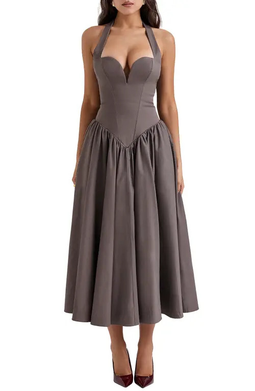 HOUSE OF CB A-Line Halter Dress in Pebble Grey at Nordstrom, Size Large A | Nordstrom