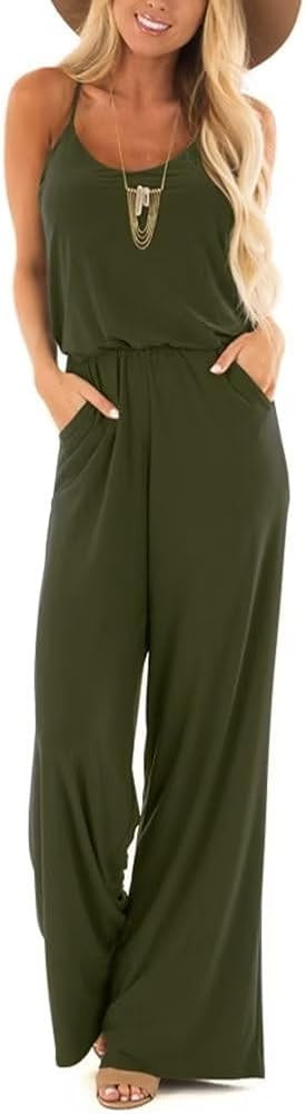 Amazon.com: Lacozy Women's Casual Tank Jumpsuit Loose V Neck Sleeveless Spaghetti Strap Wide Leg ... | Amazon (US)