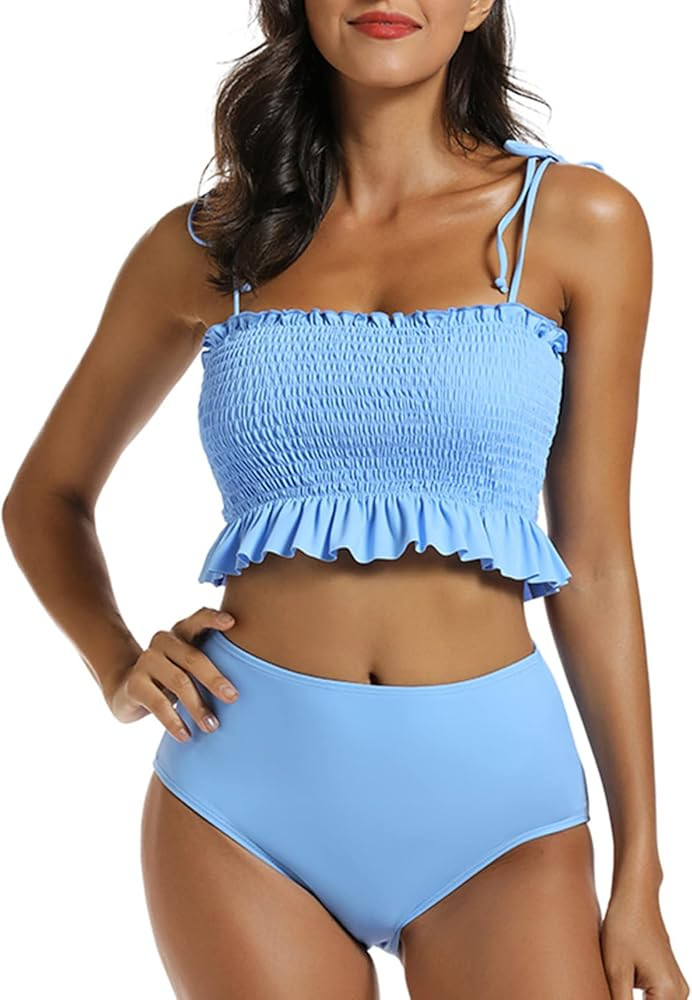MOLYBELL Women Cute Shirred Bandeau Bikini Sets High Waisted Strapless Girls Bathing Suit Ruffled Tu | Amazon (US)