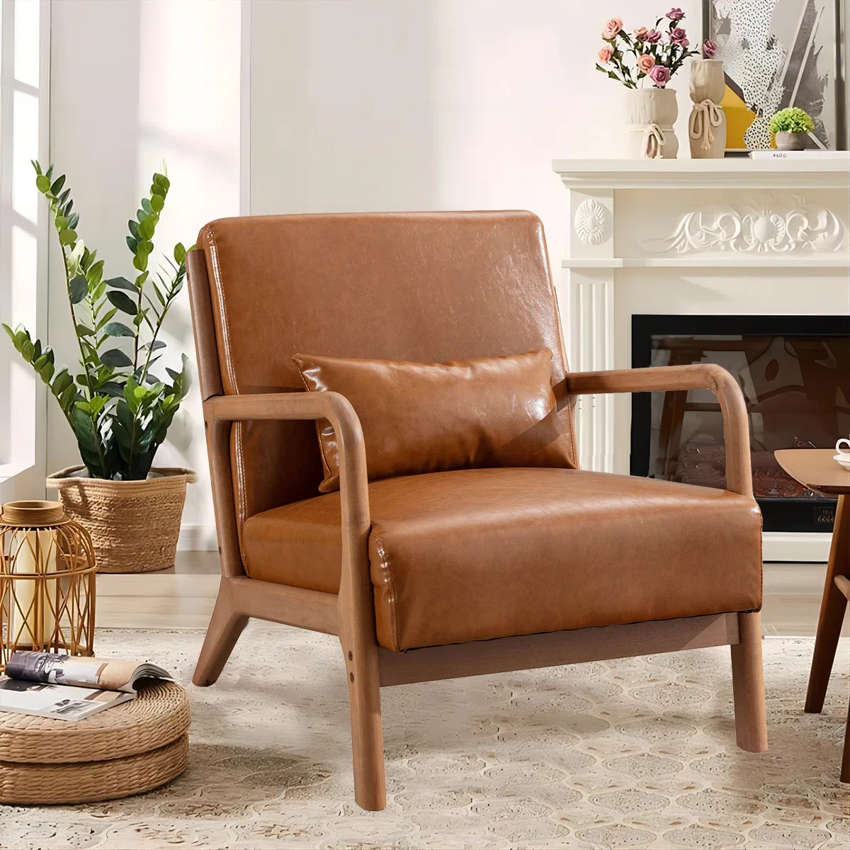 25.78" Wide Mid Century Faux Leather Accent Chair with an Extra Pillow | Wayfair North America