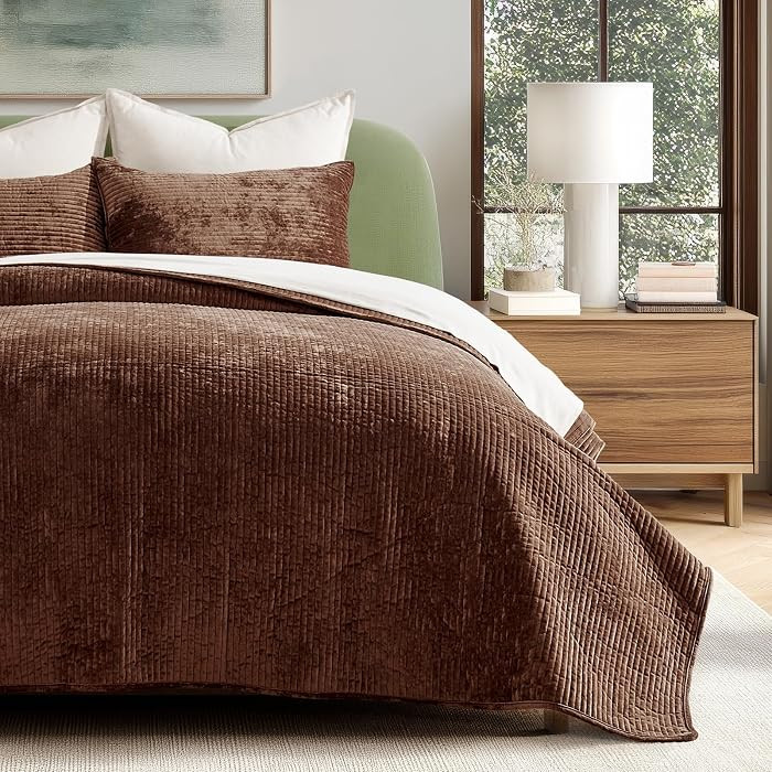 Striped Channel Velvet Quilt Set, Queen Size, Rust Brown | Amazon (US)