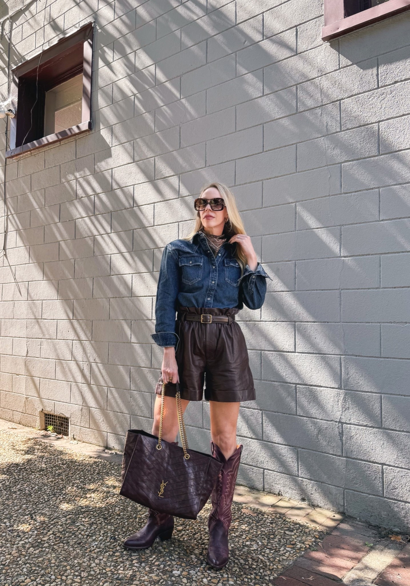 Western fall outfit, @levi denim shirt, leather shorts, @Tecovas burgundy cowboy boots, western chic style over 40

#LTKSeasonal #LTKOver40 #LTKSaleAlert