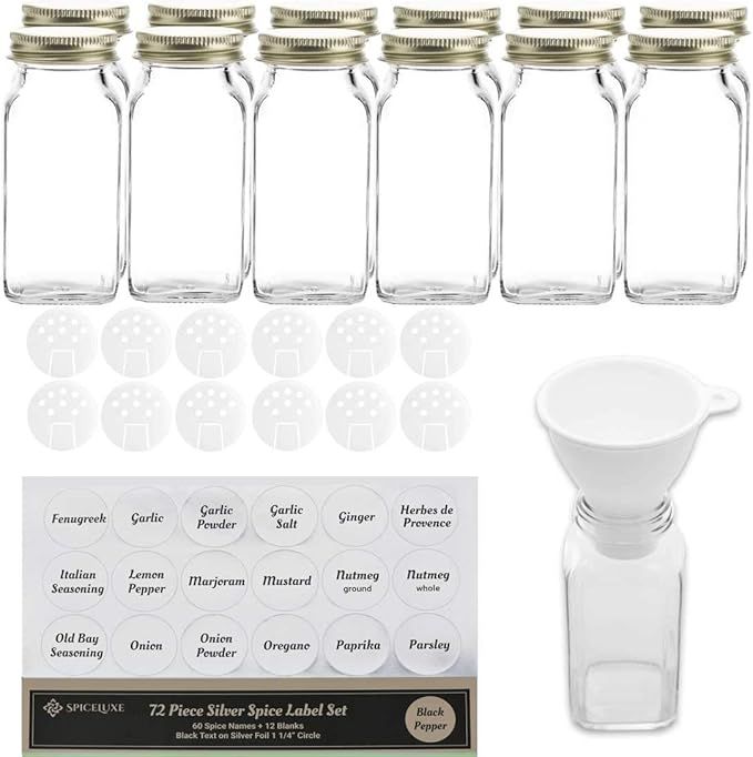 Deluxe Large Spice Jar Set -12 Square Glass 6 oz Spice Bottles, 72 Premium Labels, 12 Shaker Tops... | Amazon (US)