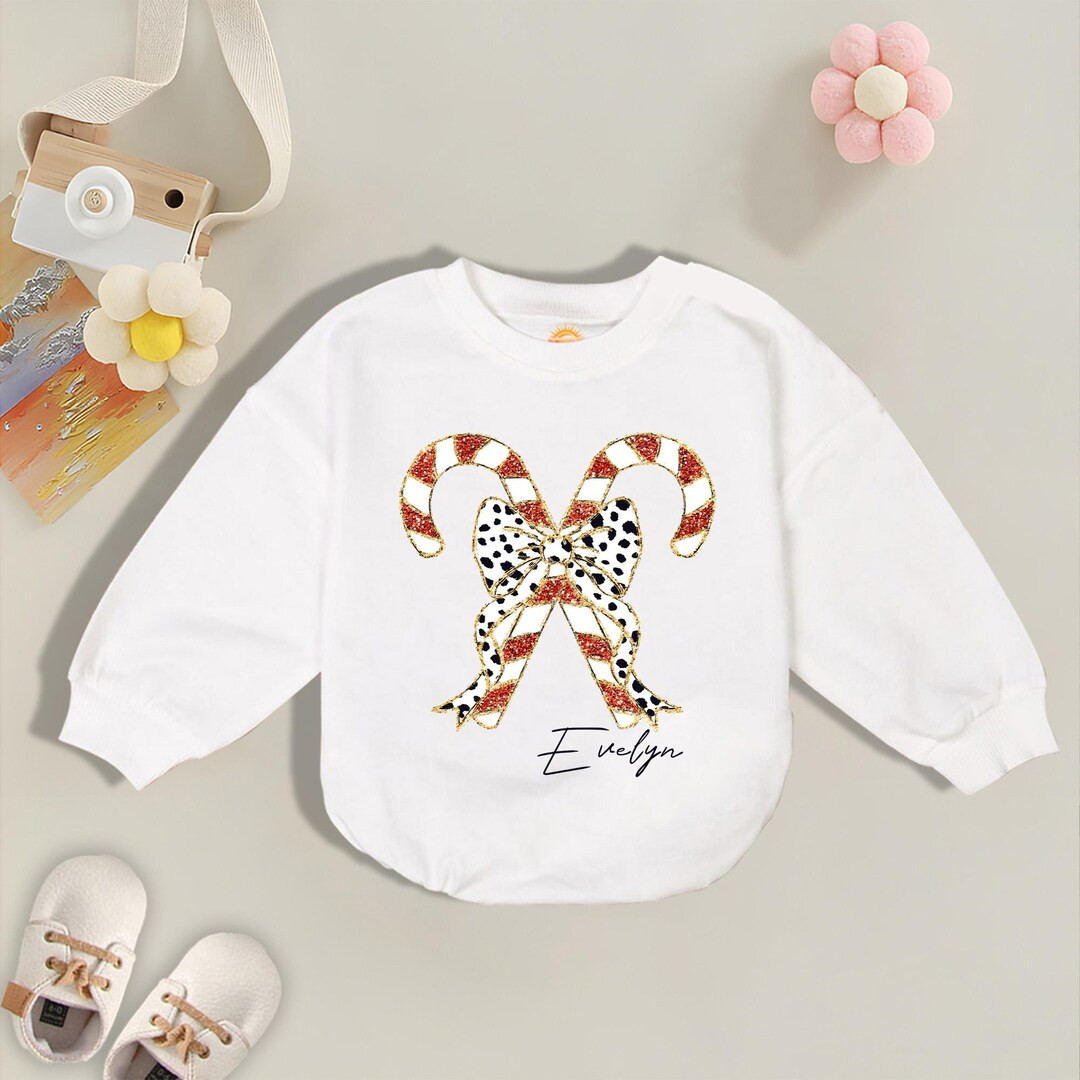 Personalized Coquette Glitter Candy Canes Romper Sweatshirt, Christmas Candy Canes Baby Shower, C... | Etsy (US)