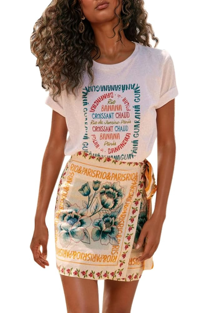 CHARTOU Women's Summer Floral Print Wrap Short Skirt Knot Side High Waist A Line Beach Mini Skirt | Amazon (US)