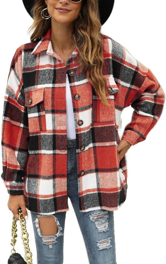 Yousify Women Plaid Shirts Long Sleeve Flannel Shacket Jacket Casual Button Down Shirts Coats | Amazon (US)