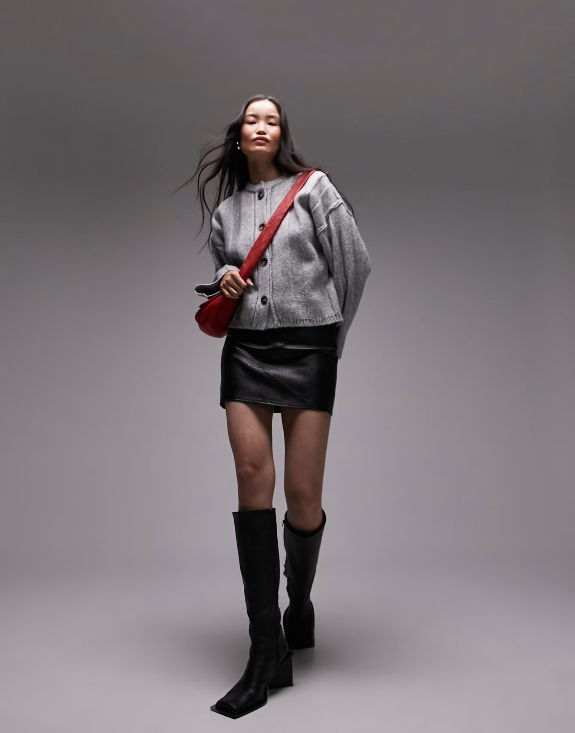 Topshop premium knit wide rib crew neck cardigan in gray | ASOS (Global)