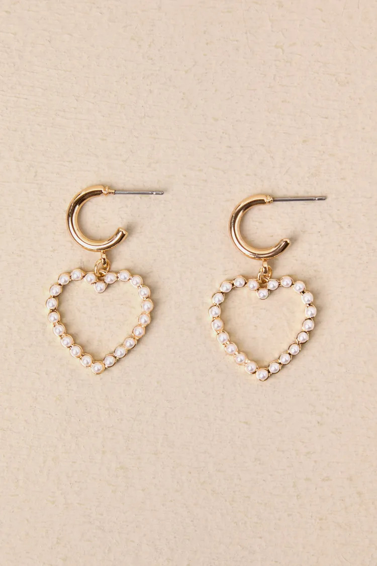 Adoring Perfection Gold Pearl Heart Charm Huggie Earrings | Lulus