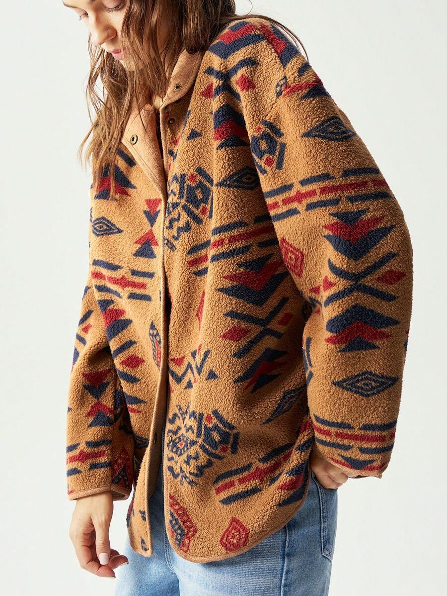 Bohemela Women Print Front Button Long Sleeve Double-Sided Fleece Jacket, Casual Daily Wear | SHEIN