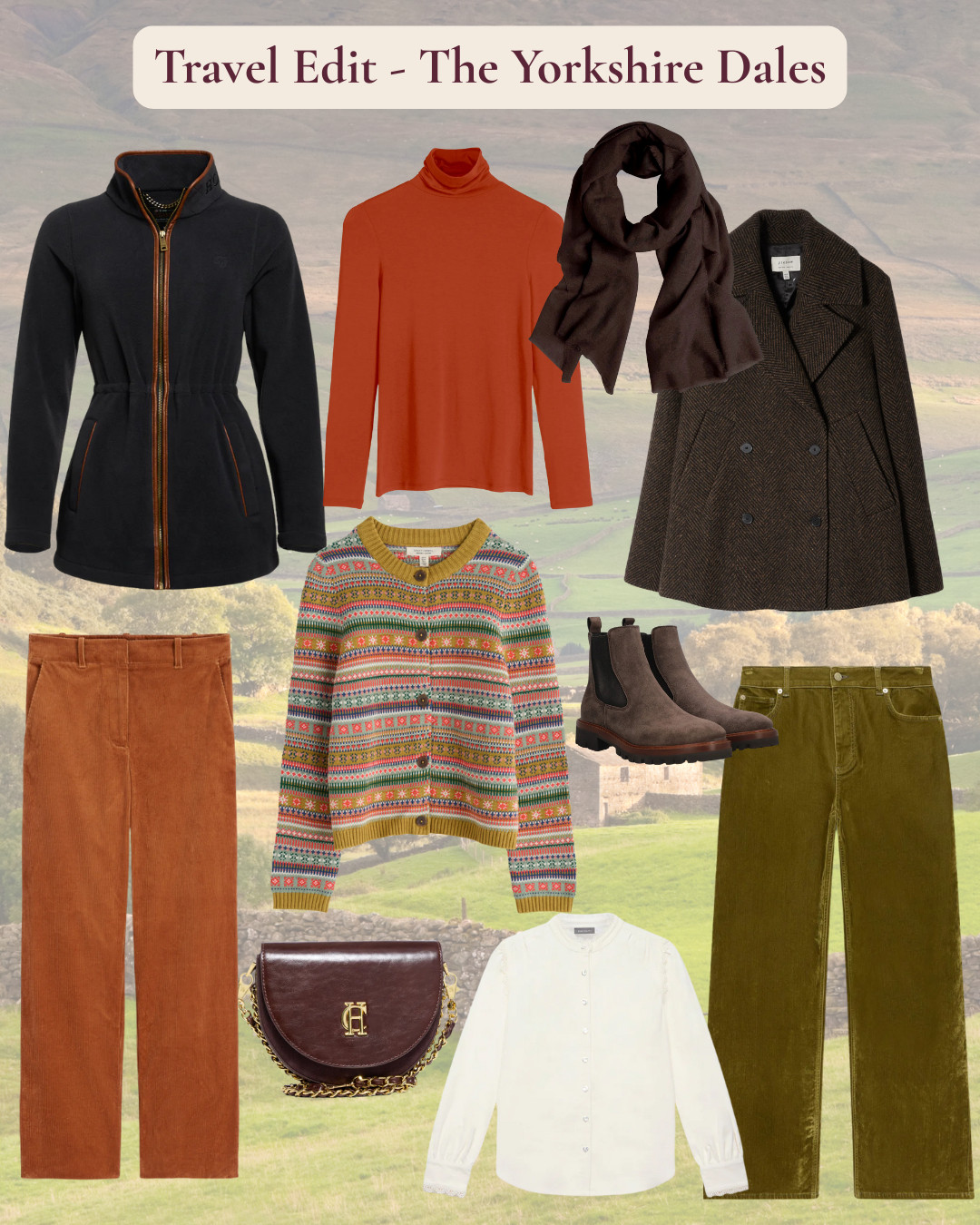 Travel edit - Yorkshire Dales country side style. Tweed jacket, fairisle cardigan, green jeans, cords, chunky boots, saddle bag, fleece jacekt 

 #LTKautumn #LTKover50style #LTKstyletip