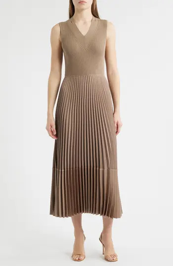 BOSS Fararan Pleated Mixed Media Maxi Dress in Basalt at Nordstrom Rack, Size Large | Nordstrom Rack