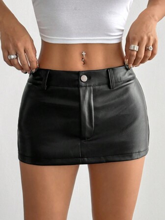 StreetHx Plain Bodycon Pencil Skirt, Low Waist Mini Short PU Leather Women Outfit | SHEIN