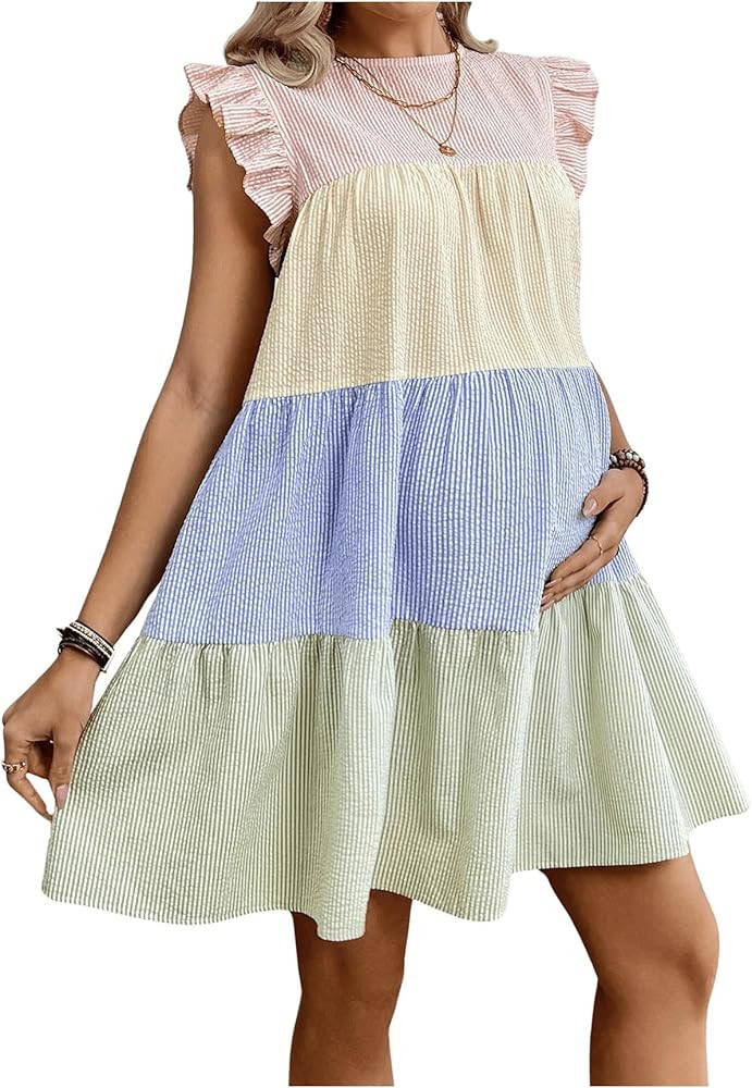 MakeMeChic Women's Maternity Dress Colorblock Ruffle Trim Sleeveless Summer Smocked Pregnancy Dre... | Amazon (US)