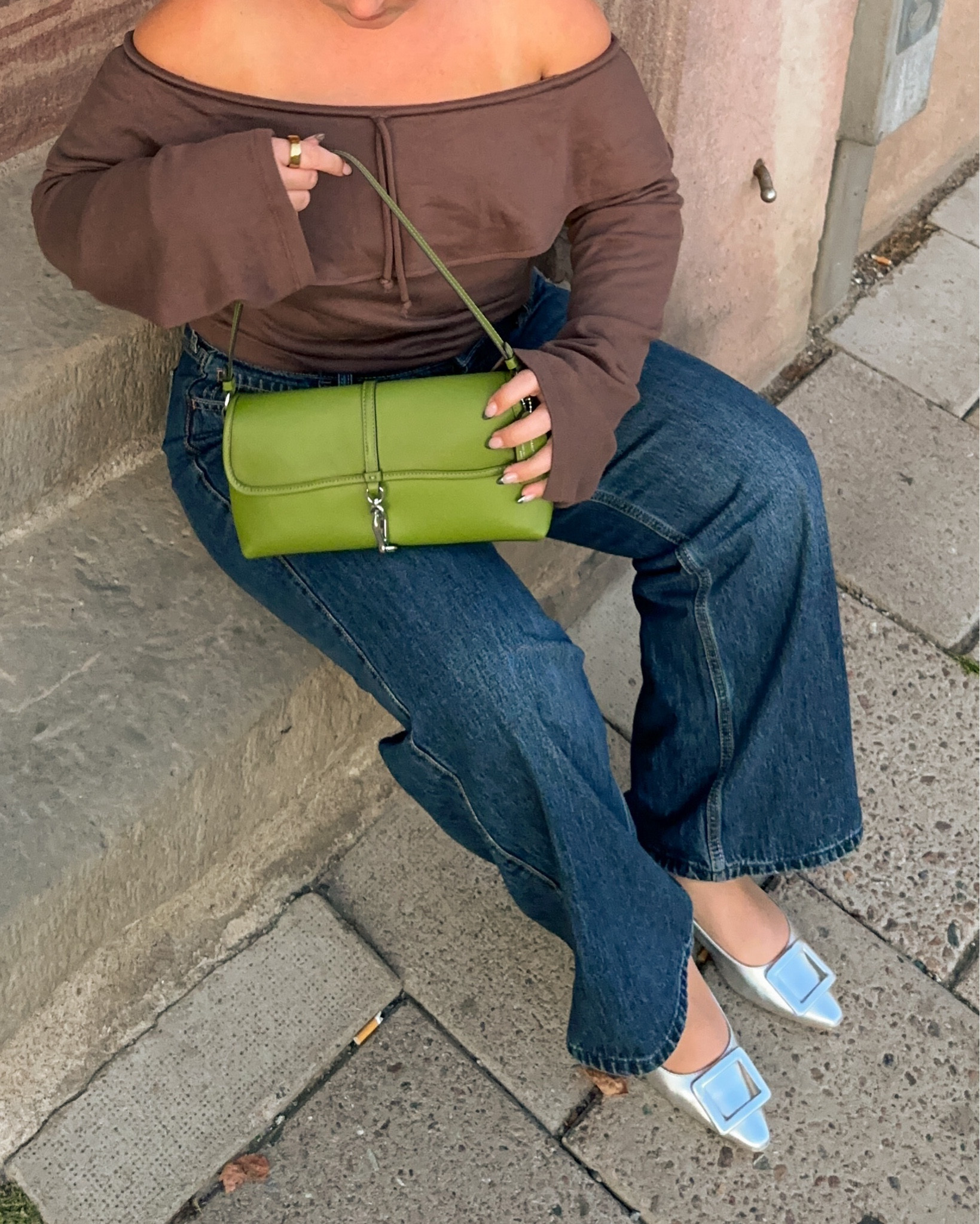 brown & green together >>> top is djerf avenue but linking similar! Wearing a US 8 in the jeans. 🤎🧸✨ // fall outfit, fall purse, fall bag, fall transition outfit 

#LTKShoeCrush #LTKFallSale #LTKItBag