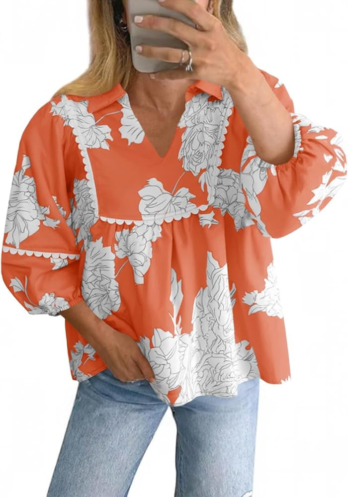 Tankaneo Womens Floral Peplum Babydoll Tops 3/4 Puff Sleeve Pleated Blouse Cute Casual V Neck Loo... | Amazon (US)