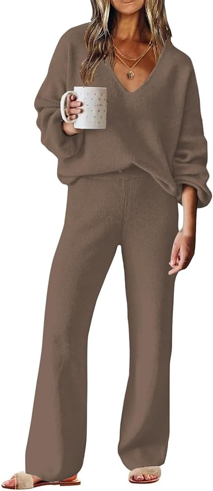 ETCYY NEW Womens 2 Piece Outfits Sweater Lounge Set Casual V Neck Knit Pajama Set Long Sleeve Top... | Amazon (US)