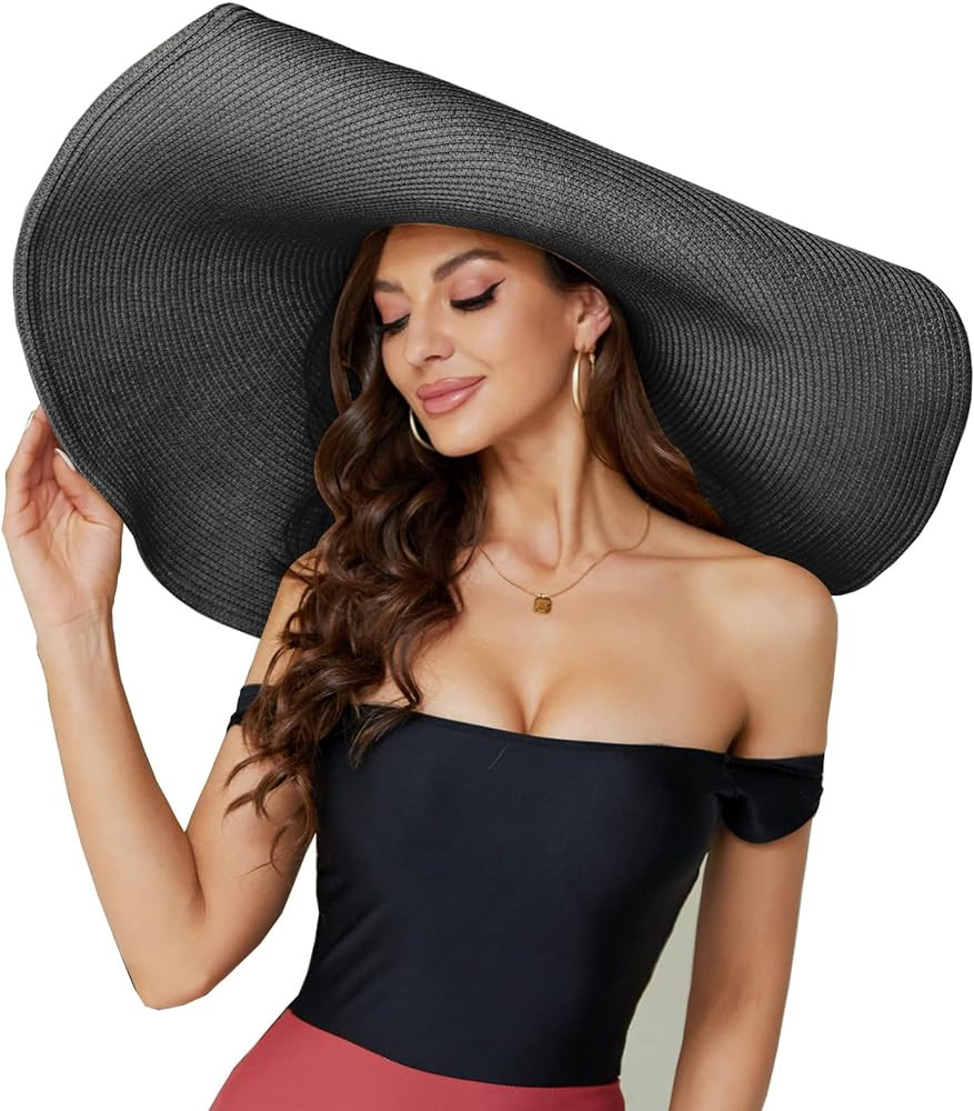 Oversized Beach Straw Hat for Women, Fashion Large Wide Brim Visor Hats Handmade Roll Up Floppy Sun  | Amazon (US)