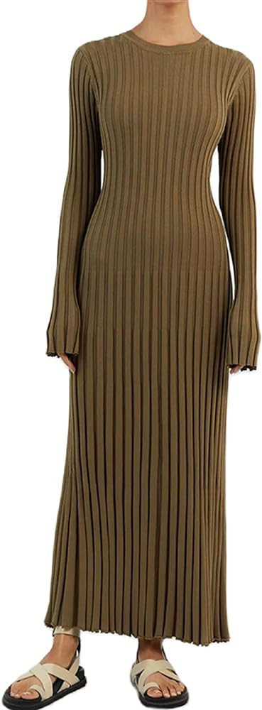 KMBANGI Womens Elegant Knitted Maxi Dress Long Sleeve Ribbed Knit Bodycon Long Dresses Crewneck S... | Amazon (US)