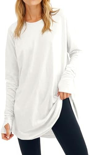 Fisoew Women's Casual Long Sleeve Tops Crew Neck Round Hem Loose T-Shirts Tunic Tops with Thumb H... | Amazon (US)