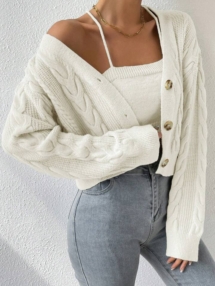 Drop Shoulder Cable Knit Cardigan & Crop Knit Top | SHEIN