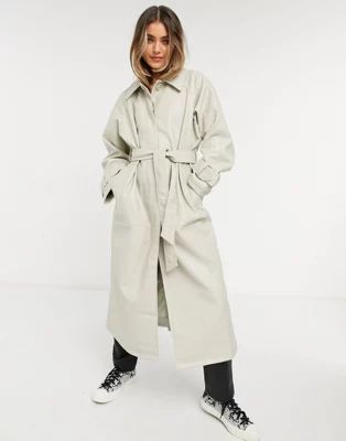 ASOS DESIGN collared faux leather trench coat in putty | ASOS (Global)
