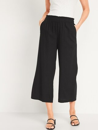 High-Waisted Lettuce-Edge Linen-Blend Culotte Pants for Women | Old Navy (CA)