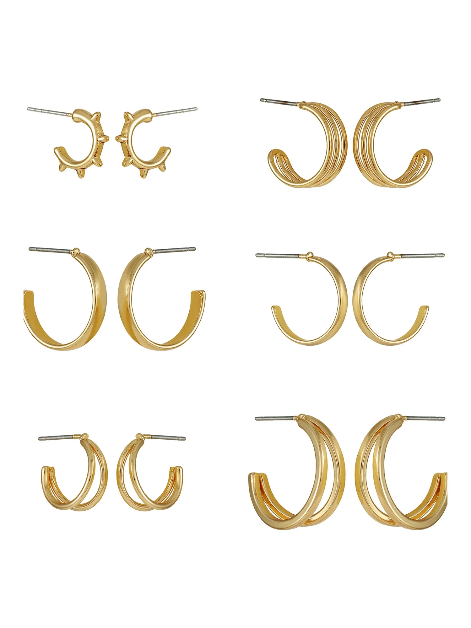 Time and Tru Women's Gold Tone Fashion Dainty 6 Pairs of Metal Hoops. | Walmart (US)