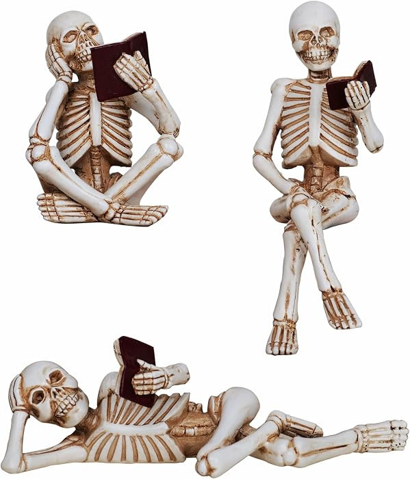 Dlfghos 3 Pieces Halloween Skeleton Statue Halloween Skull Figurine Home Decor Reading Skeleton Figurines Decorations for Indoor Fireplace Home Kitchen Desk Office Party | Amazon (US)