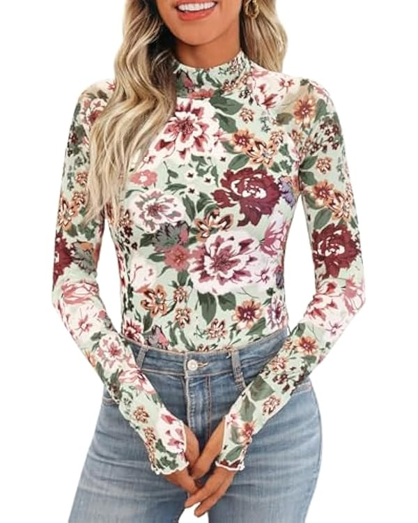 Women's Floral Mesh Long Sleeve Tops - Sheer Lace Mockneck Layering Shirt, Leopard Print for Fash... | Amazon (US)