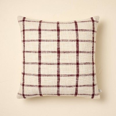 18"x18" Grid Square Throw Pillow Beige/Burgundy - Hearth & Hand™ with Magnolia | Target