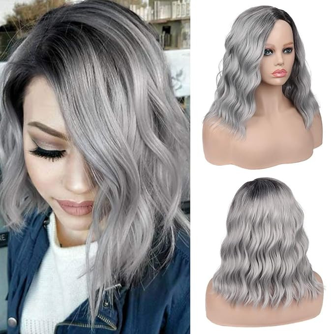 Hanne Fashion Ombre Wigs Grey Curly Wavy Wig Short Bob Wigs Shoulder Length Side Part Curly Bob W... | Amazon (US)