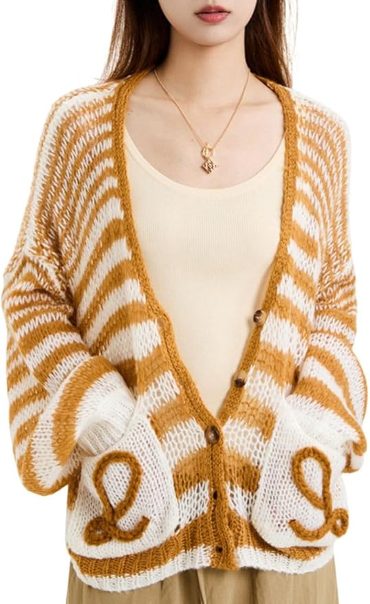 Women's Lightweight Cardigan Sweaters Crochet Knit Long Sleeve Button Down Striped Color Block Ov... | Amazon (US)