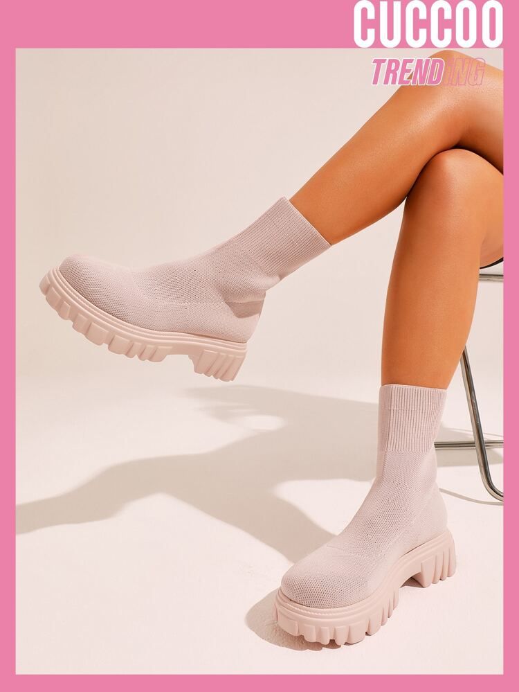 CUCCOO Trending Minimalist Knit Platform Sock Boots | SHEIN