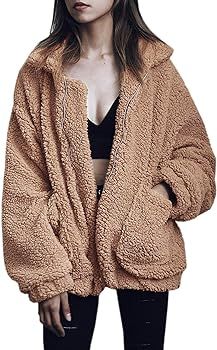 Women's Coat Casual Lapel Fleece Fuzzy Faux Shearling Zipper Coats Warm Winter Oversized Outwear Jac | Amazon (US)