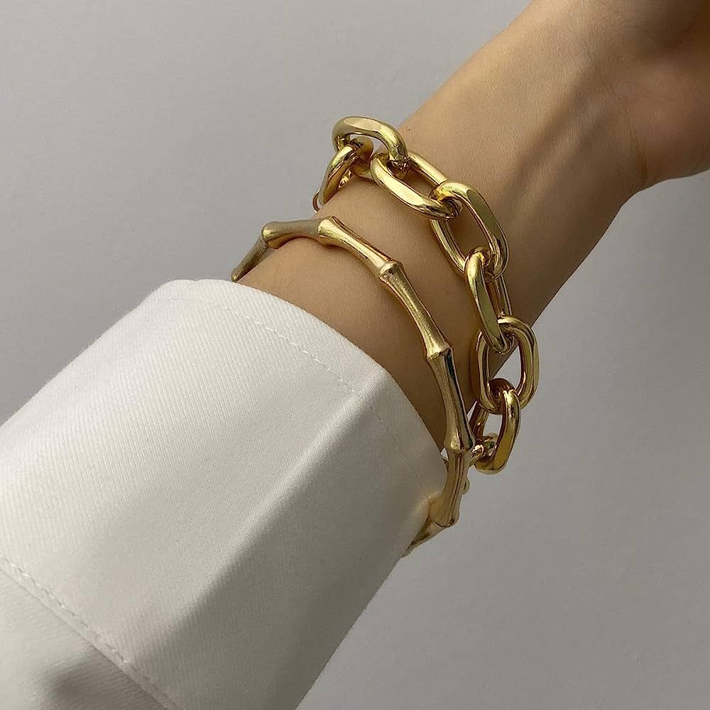 Kercisbeauty 2pcs Bamboo Bangle Cuff Bracelets for Women and Girls Chunky Chain Bracelet with Coi... | Amazon (US)