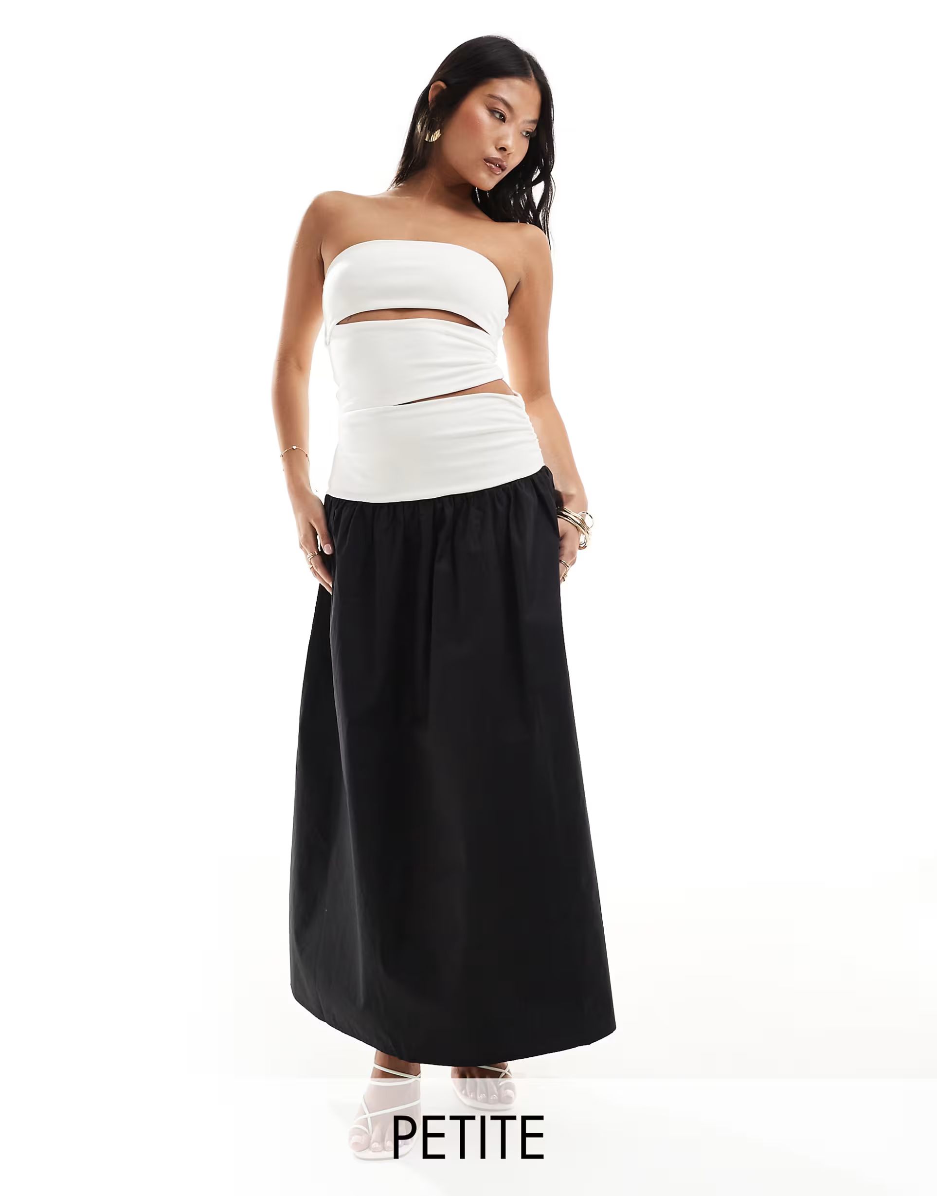 4th & Reckless Petite exclusive bandeau cut out dropped waist maxi dress in monochrome | ASOS (Global)