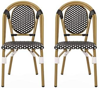 Christopher Knight Home Gwendolyn Outdoor French Bistro Chairs (Set of 2), Black + White + Bamboo... | Amazon (US)