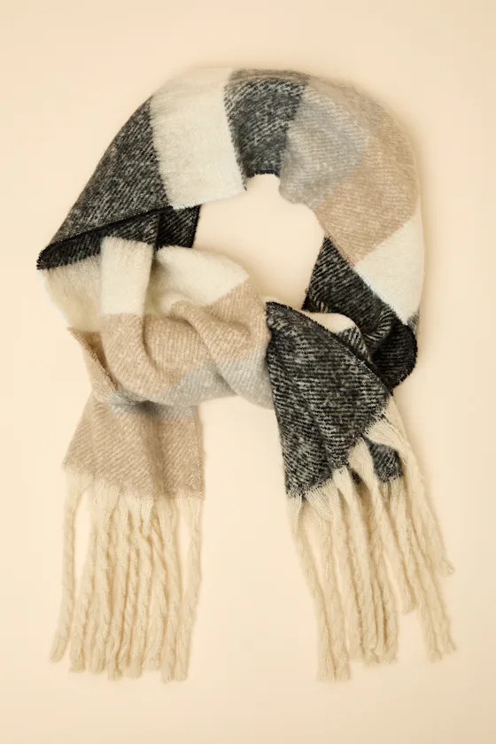 Averina Beige and Grey Striped Oversized Fringe Scarf | Lulus