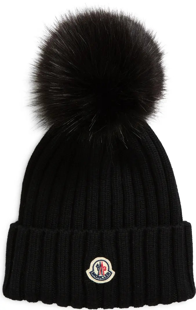 Virgin Wool Rib Beanie with Faux Fur Pompom | Nordstrom