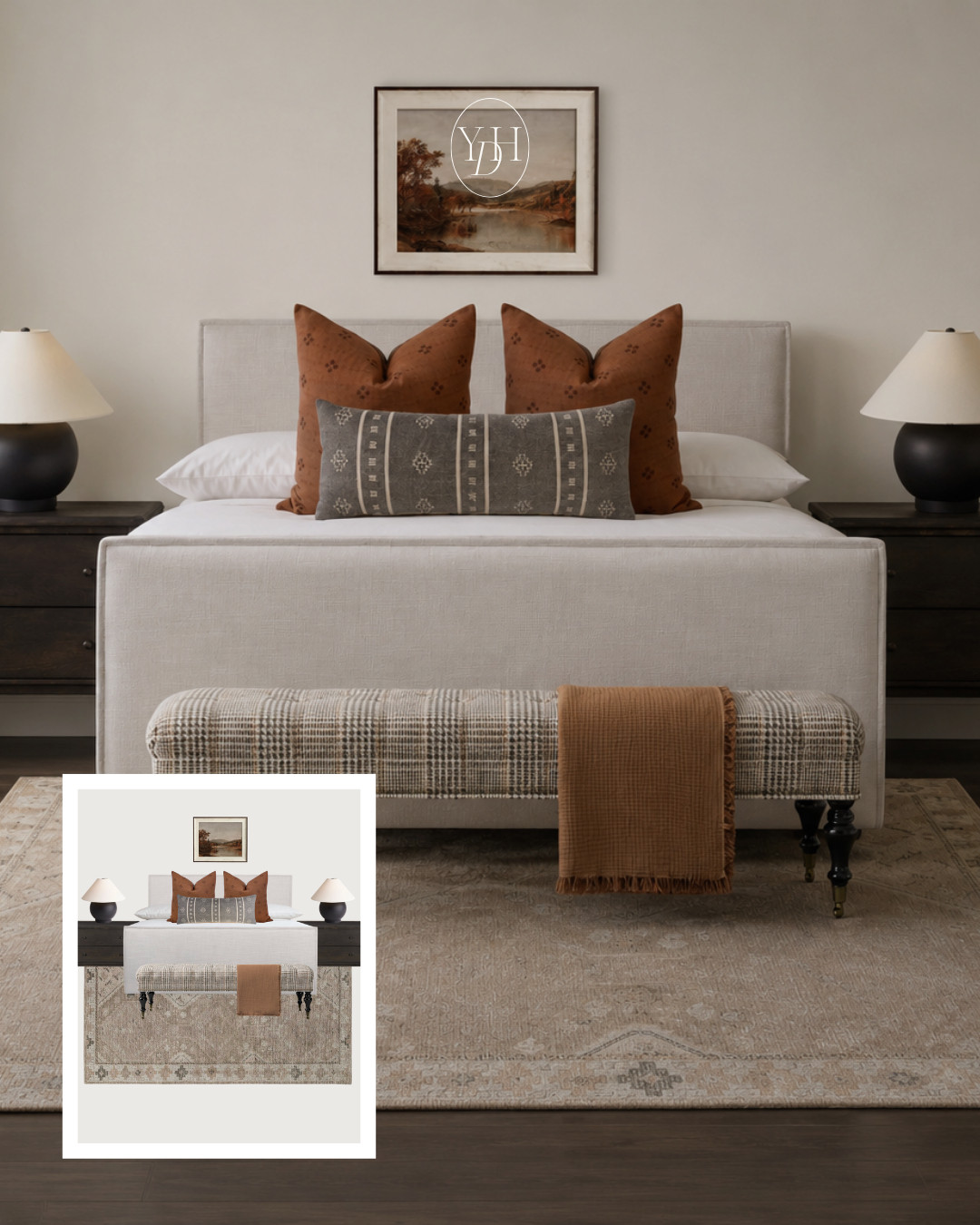 Warm neutrals, rich wood tones, layered textures and just enough contrast… this bedroom is proof that cozy can still feel elevated. The darker wood nightstands and flooring ground the lighter upholstered pieces beautifully, while the rust accents add warmth without overwhelming the space.

If your bedroom has been feeling a little flat lately, try bringing in deeper wood tones, soft layered textiles and moodier accents instead of adding more decor. Sometimes it’s the balance that changes everything. 

 #LTKHome