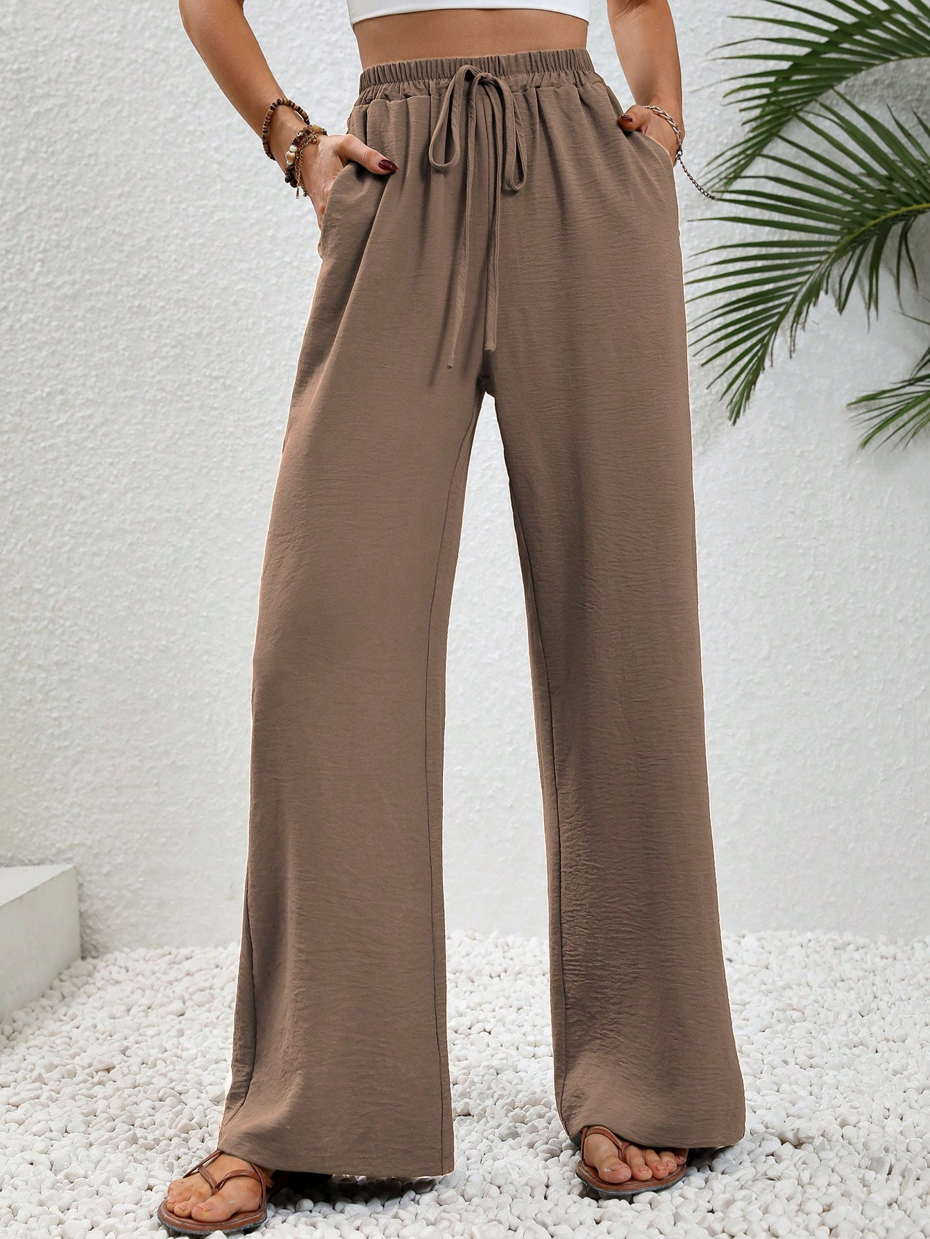 SHEIN LUNE Spring And Summer Casual Drawstring Elastic Waist Wide Leg Pants | SHEIN
