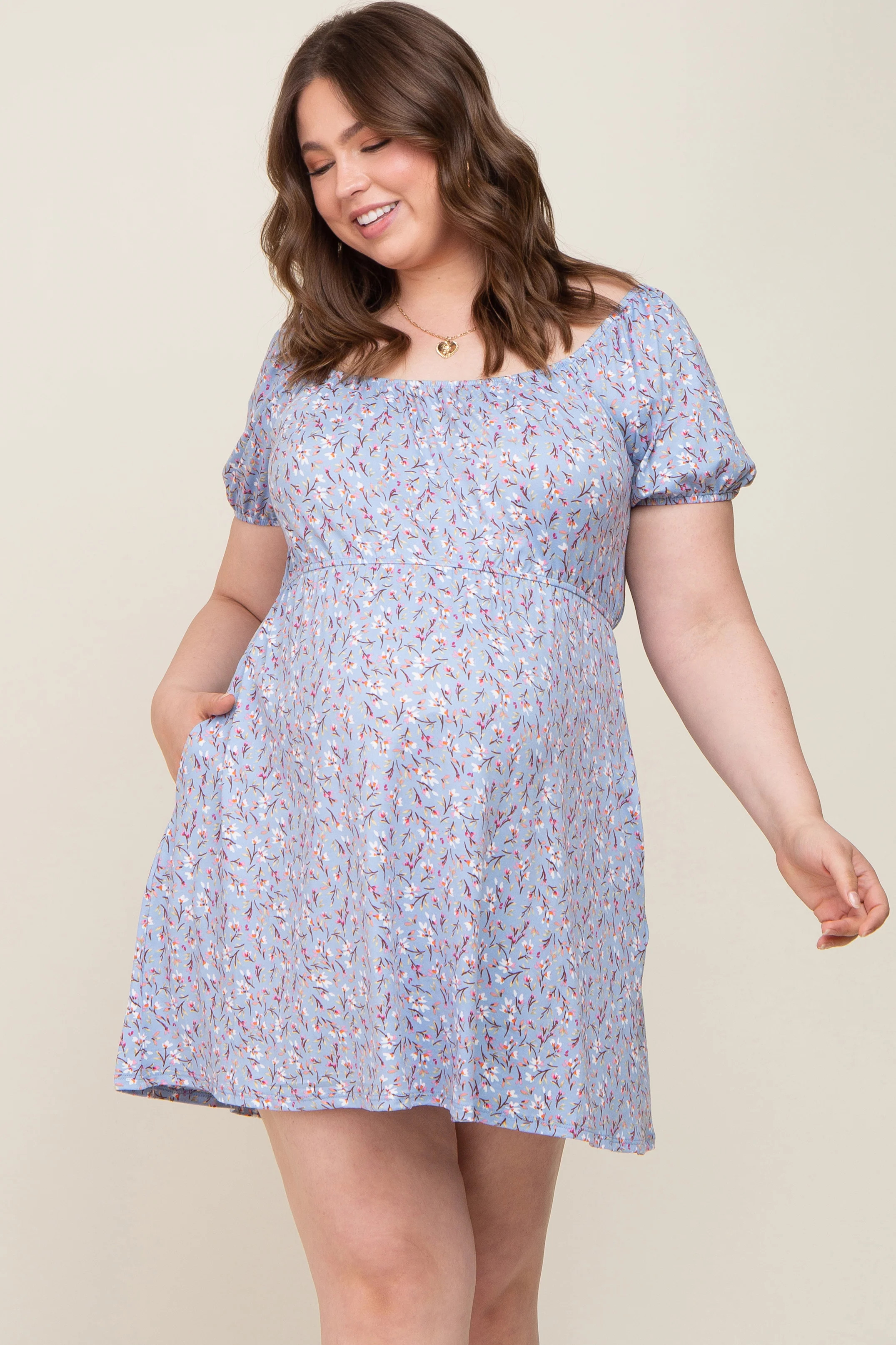 Blue Floral Short Puff Sleeve Maternity Dress | PinkBlush Maternity