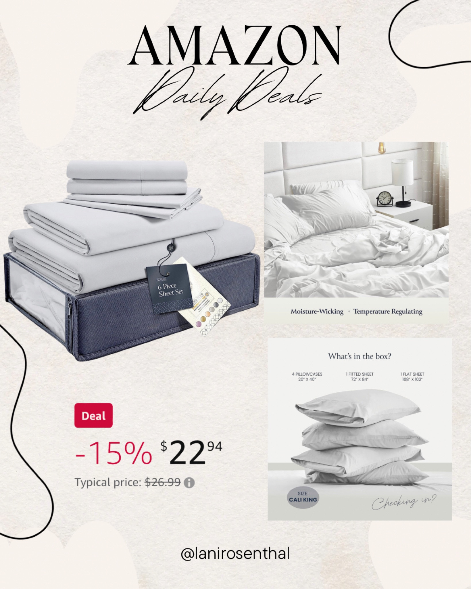 Amazon Daily Deal
The Price I’m showing is for the California King. Other sizes on Sale as well.
Available in many colors

BELADOR Silky Soft Queen White Sheet Set -Luxury 6 Piece Bed Sheets for Queen Size Bed, Secure-Fit Deep Pocket Sheets with Elastic, Breathable Hotel Sheets & Pillowcase, Wrinkle Free Oeko-Tex Sheets

#LTKhome #LTKFind #LTKsalealert