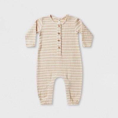 Q by Quincy Mae Baby Striped Woven Long Sleeve Jumpsuit - Cream | Target