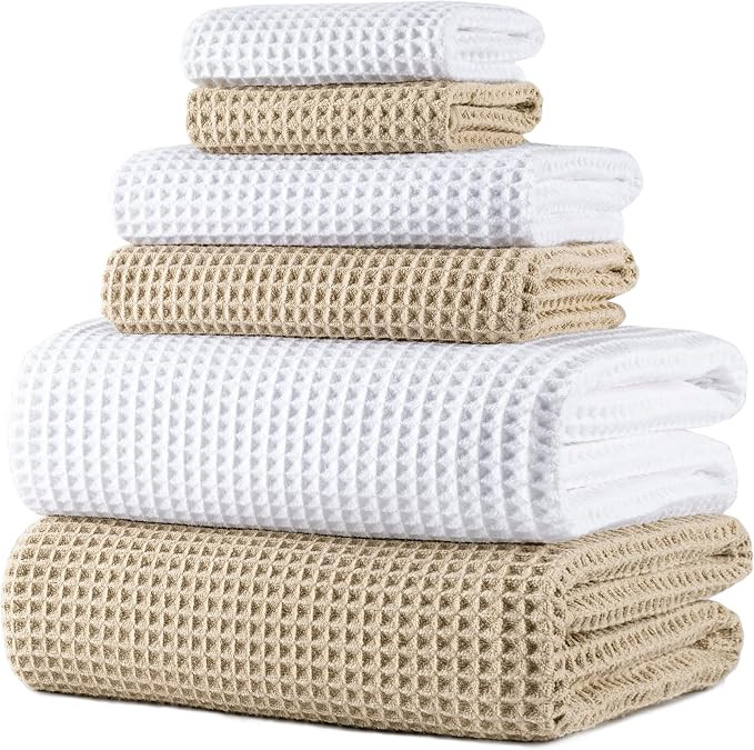 POLYTE 430 GSM Microfiber Quick Dry Lint Free Oversize Bath Towel Set, 6 Piece (Waffle Weave) | Amazon (US)