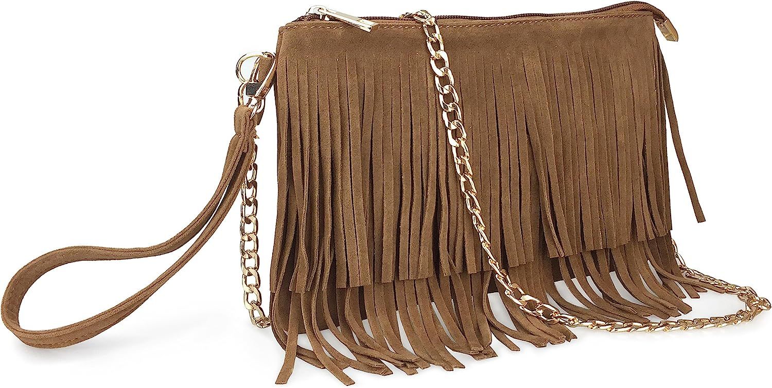 HOXIS Fringe Cross Body Bag Womens Small Shoulder Bag Top Zip Wristlet | Amazon (US)